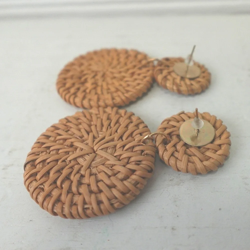 Large Y2K Woven Earrings Rattan Wicker Boho Hippie Vintage Pierced Jewelry